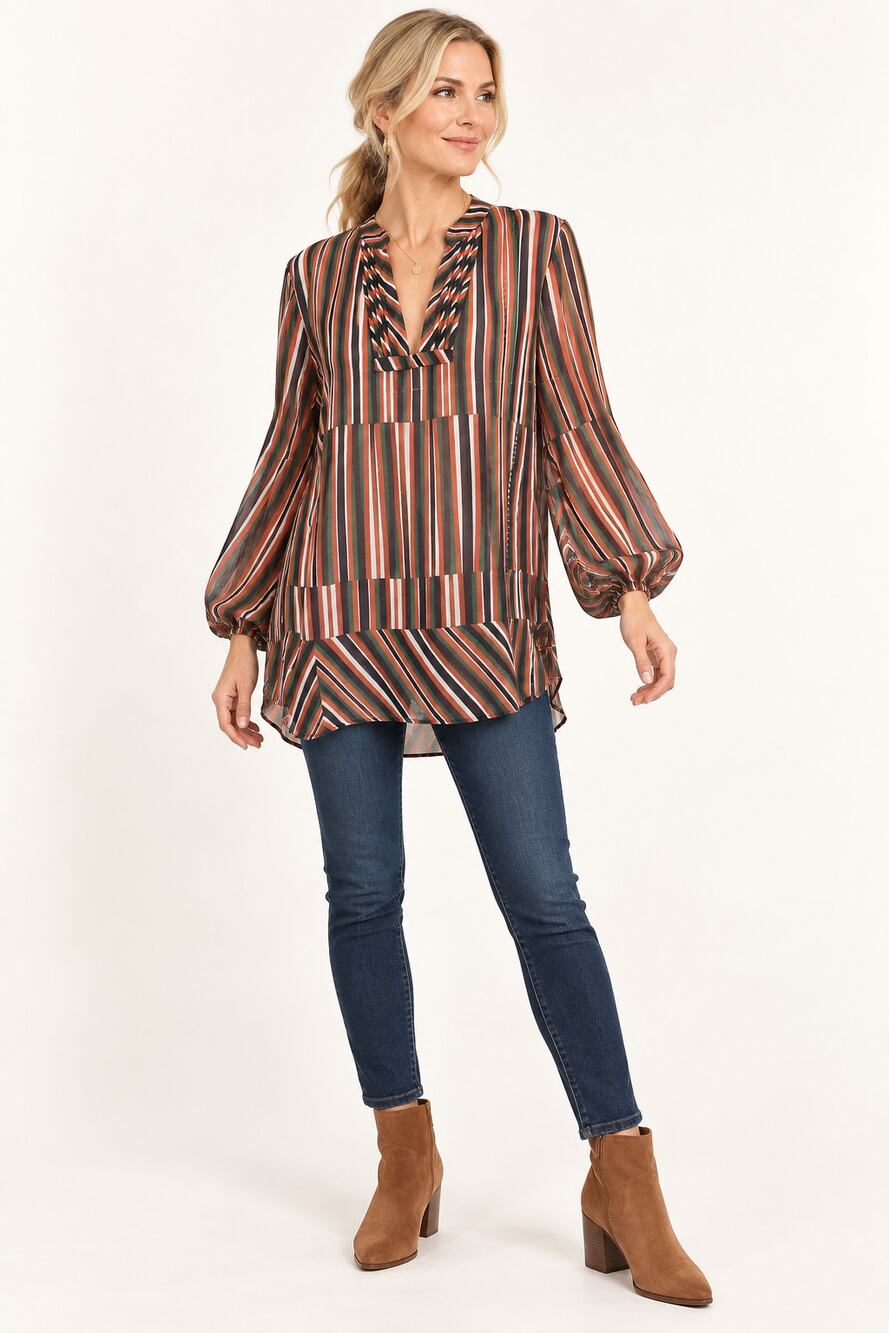 CAbi Ultimate Blouse 5519 Orange Stripe Sheer Balloon Sleeve Top Medium